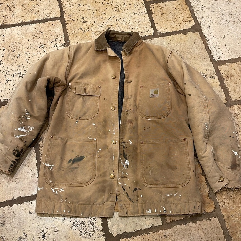 Vtg 90s Carhartt Brown Duck Chore Barn Blanket Lined Jacket Men Size 40 L stains